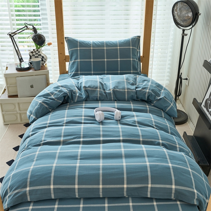 91家纺网 家纺一手货源 找家纺 三沁 2024新款全棉色织水洗棉开学季学生六件套 海蓝大格