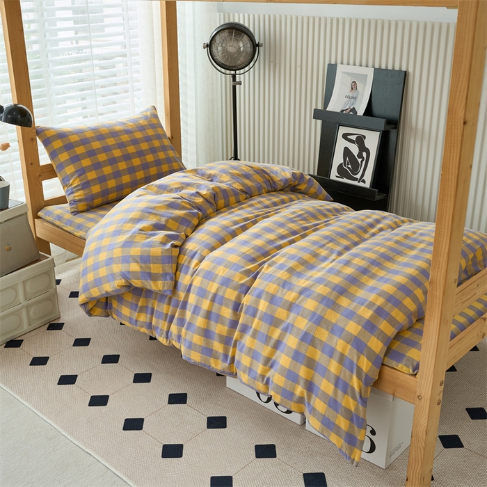 91家纺网 家纺一手货源 找家纺 三沁 2024新款全棉色织水洗棉开学季学生六件套 紫黄中格