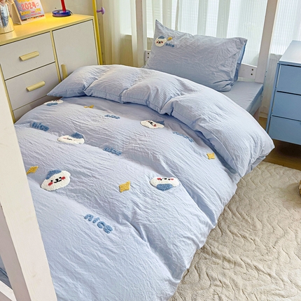 韩巢家纺 2024新款学生宿舍寝室上下铺超柔水洗棉床单被套三件套-哈哈狗（提供卖家秀） 哈哈狗浅蓝