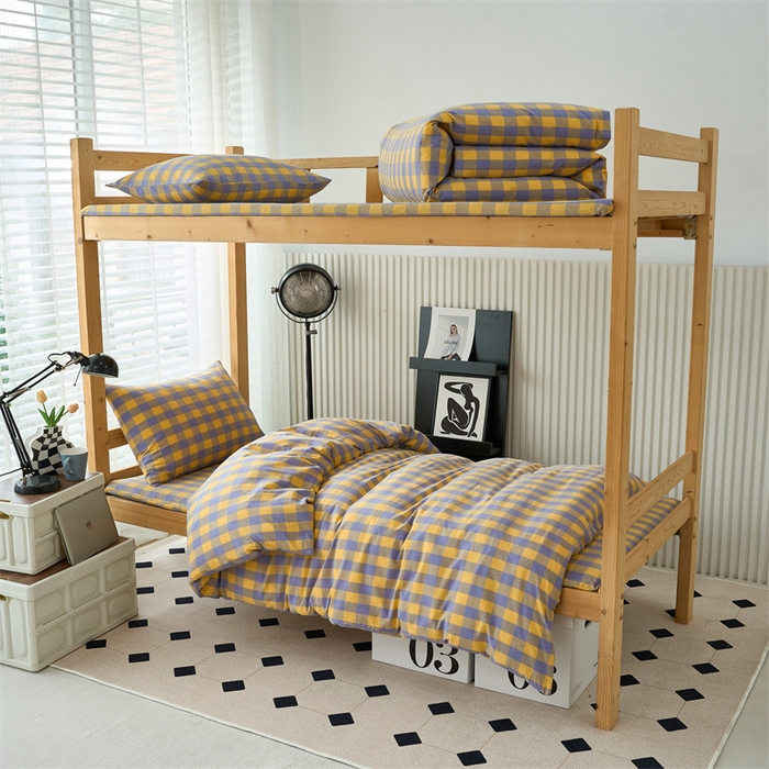 91家纺网 家纺一手货源 找家纺 三沁 2024新款全棉色织水洗棉开学季学生六件套 紫黄中格