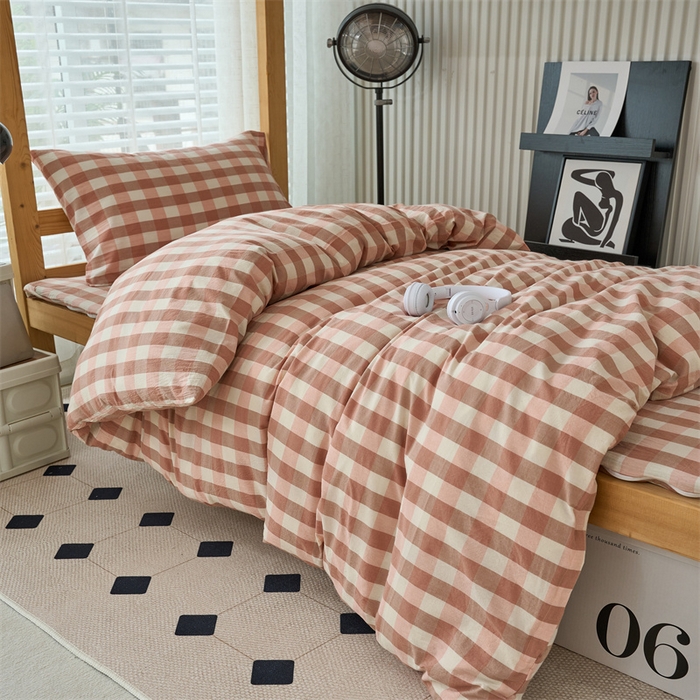 91家纺网 家纺一手货源 找家纺 三沁 2024新款全棉色织水洗棉开学季学生六件套 粉白中格