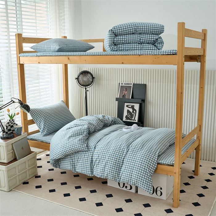 91家纺网 家纺一手货源 找家纺 三沁 2024新款全棉色织水洗棉开学季学生六件套 蓝小格