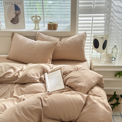 91家纺网 家纺一手货源 找家纺 沃朴家居 2024新款纯色水洗棉四件套学生三件套 太妃色