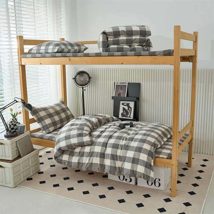 91家纺网 家纺一手货源 找家纺 三沁 2024新款全棉色织水洗棉开学季学生六件套 灰中格