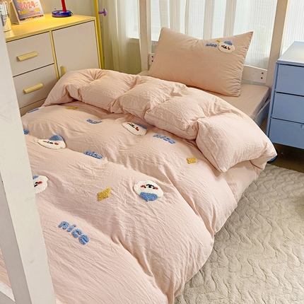 韩巢家纺 2024新款学生宿舍寝室上下铺超柔水洗棉床单被套三件套-哈哈狗（提供卖家秀） 哈哈狗浅粉