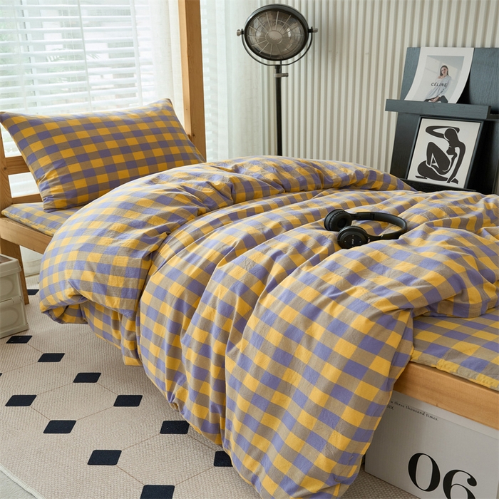 91家纺网 家纺一手货源 找家纺 三沁 2024新款全棉色织水洗棉开学季学生六件套 紫黄中格