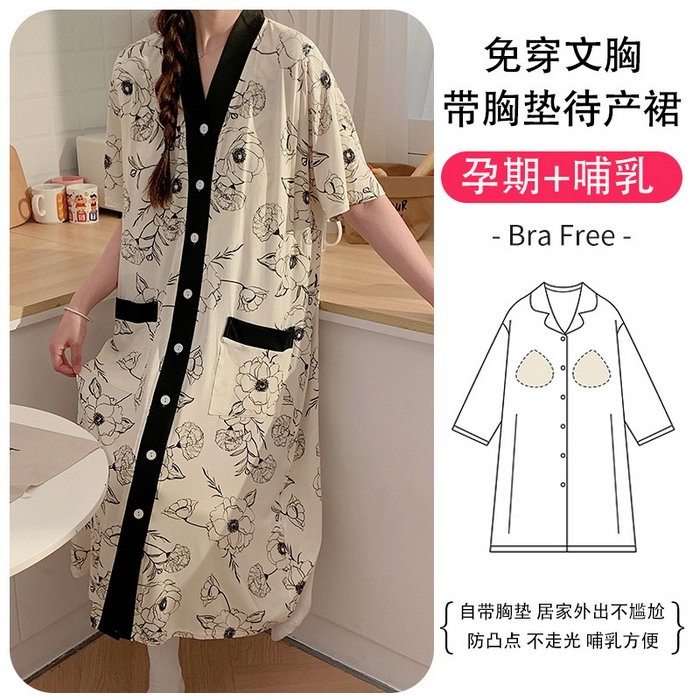 91家纺网 家纺一手货源 找家纺 （总）洛兰沙家居馆【只代发】【只代发】 2024新款莫代尔加肥加大待产长裙带胸垫免穿文胸孕妇哺乳睡裙怀孕期哺乳期