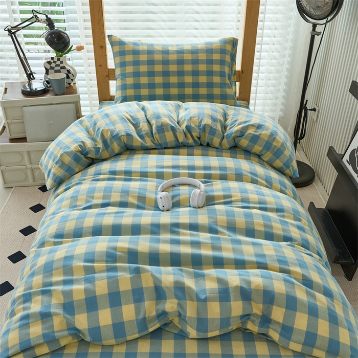 91家纺网 家纺一手货源 找家纺 三沁 2024新款全棉色织水洗棉开学季学生六件套 浅绿黄中格