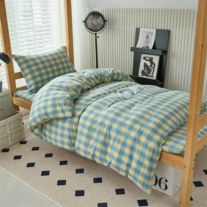 91家纺网 家纺一手货源 找家纺 三沁 2024新款全棉色织水洗棉开学季学生六件套 浅绿黄中格