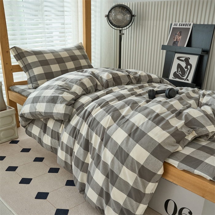 91家纺网 家纺一手货源 找家纺 三沁 2024新款全棉色织水洗棉开学季学生六件套 灰中格