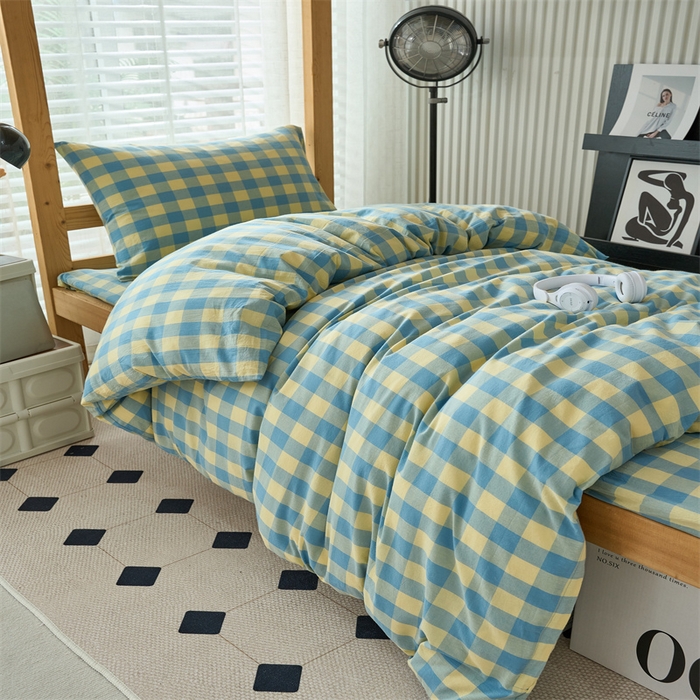 91家纺网 家纺一手货源 找家纺 三沁 2024新款全棉色织水洗棉开学季学生六件套 浅绿黄中格