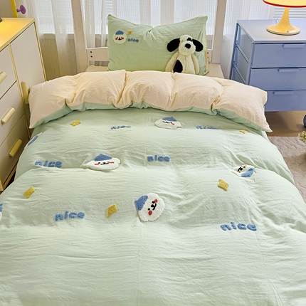 91家纺网 家纺一手货源 找家纺 韩巢家纺 2024新款学生宿舍寝室上下铺超柔水洗棉单件被套-哈哈狗（提供卖家秀） 哈哈狗浅绿黄