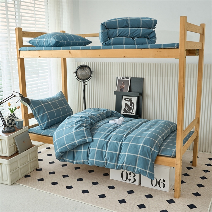 91家纺网 家纺一手货源 找家纺 三沁 2024新款全棉色织水洗棉开学季学生六件套 海蓝大格