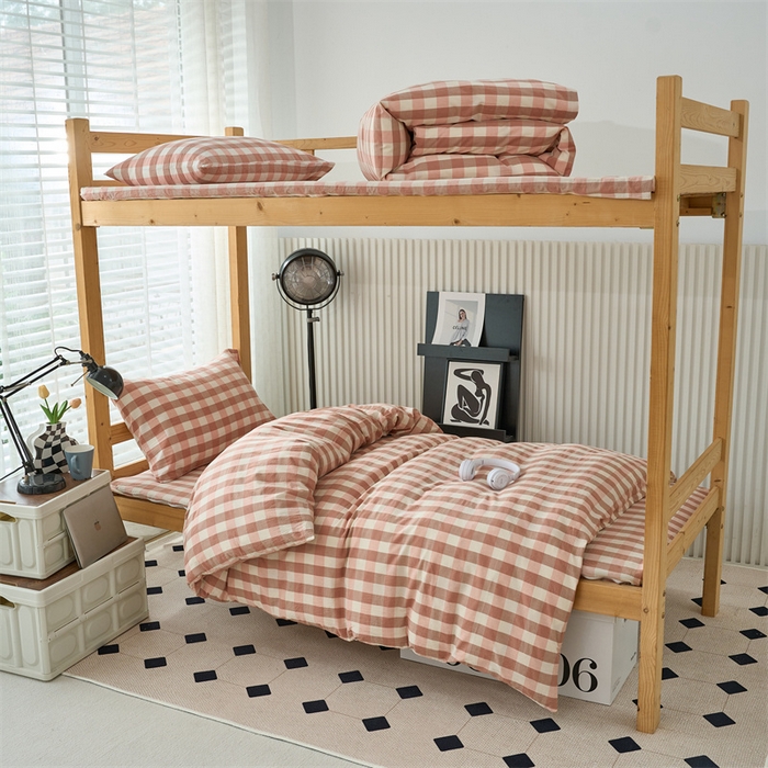 91家纺网 家纺一手货源 找家纺 三沁 2024新款全棉色织水洗棉开学季学生六件套 粉白中格