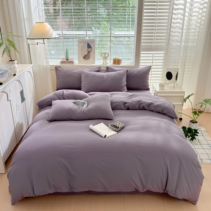 91家纺网 家纺一手货源 找家纺 沃朴家居 2024新款纯色水洗棉四件套学生三件套 茱萸紫（深）