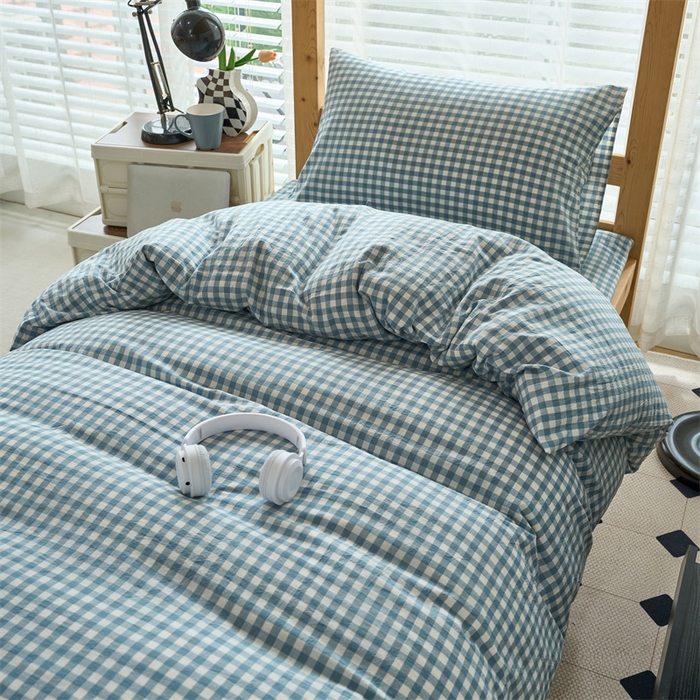 91家纺网 家纺一手货源 找家纺 三沁 2024新款全棉色织水洗棉开学季学生六件套 蓝小格