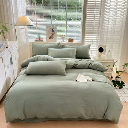 91家纺网 家纺一手货源 找家纺 沃朴家居 2024新款纯色水洗棉四件套学生三件套 豆蔻青（深）