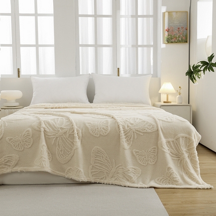 91家纺网 家纺一手货源 找家纺 枋梢家纺 2024新款跨境电商塔芙绒纯色蝴蝶花提花多功能盖毯午睡毯子办公毛毯 米白