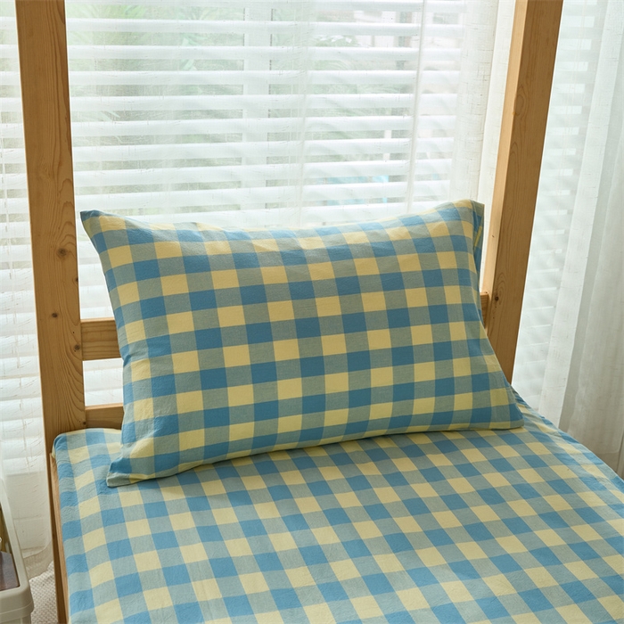 91家纺网 家纺一手货源 找家纺 三沁 2024新款全棉色织水洗棉开学季学生六件套 浅绿黄中格