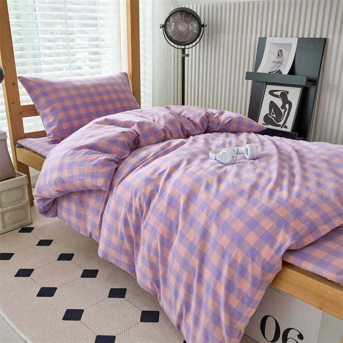 91家纺网 家纺一手货源 找家纺 三沁 2024新款全棉色织水洗棉开学季学生六件套 香芋紫中格