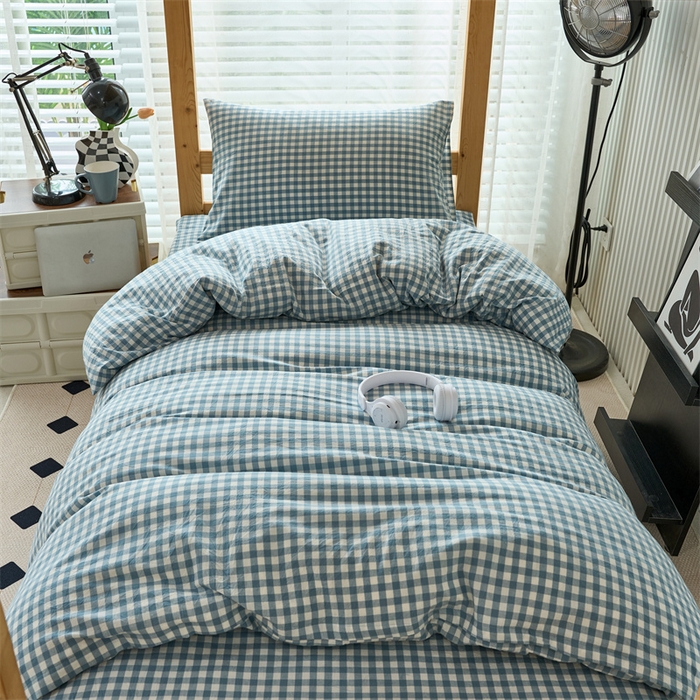 91家纺网 家纺一手货源 找家纺 三沁 2024新款全棉色织水洗棉开学季学生六件套 蓝小格