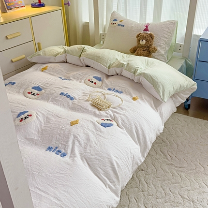 韩巢家纺 2024新款学生宿舍寝室上下铺超柔水洗棉床单被套三件套-哈哈狗（提供卖家秀） 哈哈狗白绿