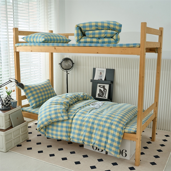 91家纺网 家纺一手货源 找家纺 三沁 2024新款全棉色织水洗棉开学季学生六件套 浅绿黄中格