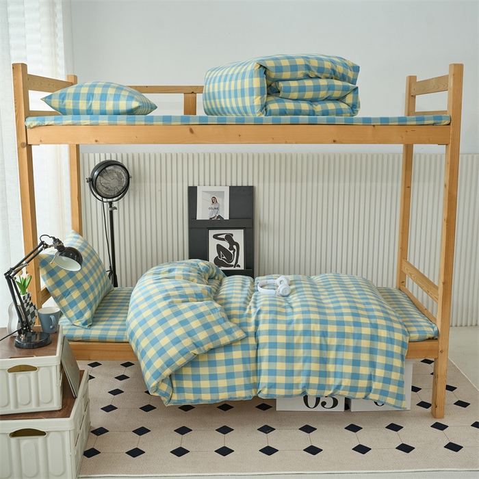 91家纺网 家纺一手货源 找家纺 三沁 2024新款全棉色织水洗棉开学季学生六件套 浅绿黄中格