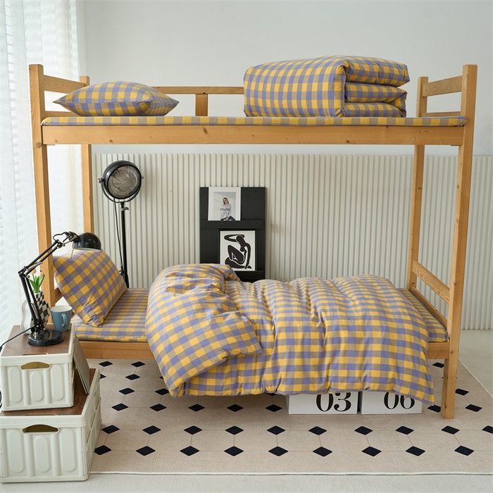 91家纺网 家纺一手货源 找家纺 三沁 2024新款全棉色织水洗棉开学季学生六件套 紫黄中格