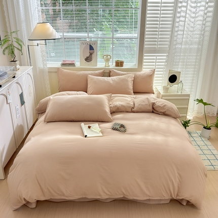 91家纺网 家纺一手货源 找家纺 沃朴家居 2024新款纯色水洗棉四件套学生三件套 莫兰迪粉