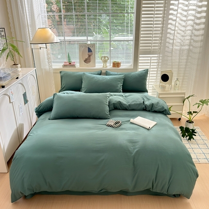 91家纺网 家纺一手货源 找家纺 沃朴家居 2024新款纯色水洗棉四件套学生三件套 远黛绿