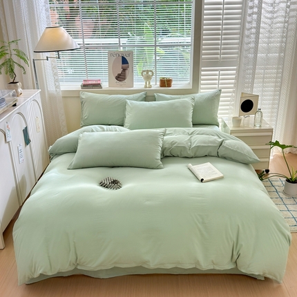 91家纺网 家纺一手货源 找家纺 沃朴家居 2024新款纯色水洗棉四件套学生三件套 豆蔻青（浅）