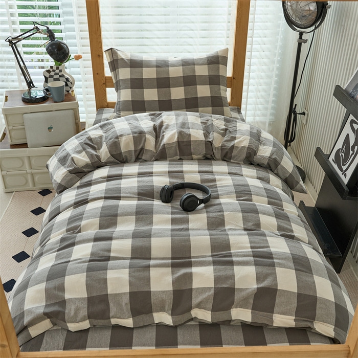 91家纺网 家纺一手货源 找家纺 三沁 2024新款全棉色织水洗棉开学季学生六件套 灰中格