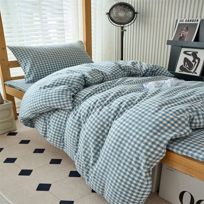 91家纺网 家纺一手货源 找家纺 三沁 2024新款全棉色织水洗棉开学季学生六件套 蓝小格