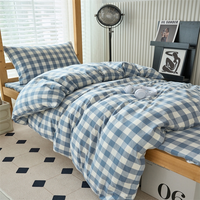 91家纺网 家纺一手货源 找家纺 三沁 2024新款全棉色织水洗棉开学季学生六件套 蓝白中格