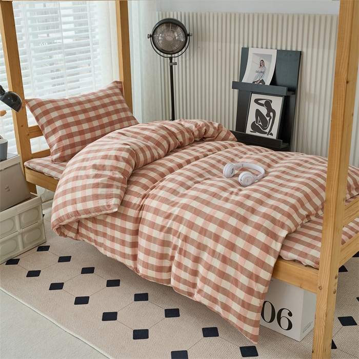 91家纺网 家纺一手货源 找家纺 三沁 2024新款全棉色织水洗棉开学季学生六件套 粉白中格