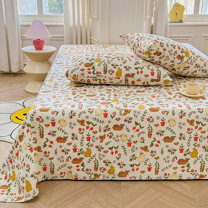 91家纺网 家纺一手货源 找家纺 晓时候 2025新款原棉老粗布床单印花凉席三件套软凉席 花丛兔