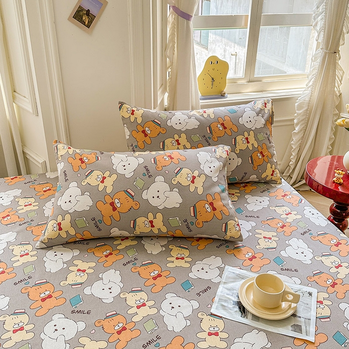 91家纺网 家纺一手货源 找家纺 晓时候 2025新款原棉老粗布床单印花凉席三件套软凉席 动物乐园