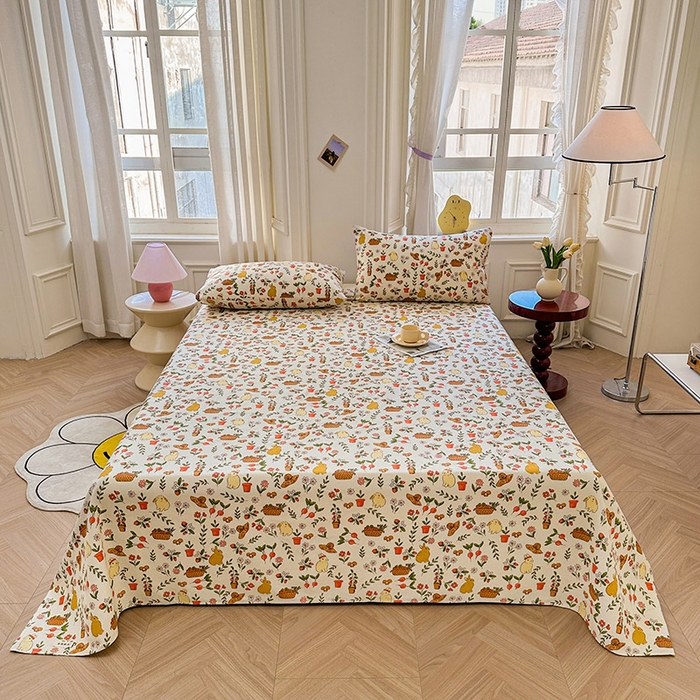 91家纺网 家纺一手货源 找家纺 晓时候 2025新款原棉老粗布床单印花凉席三件套软凉席 花丛兔