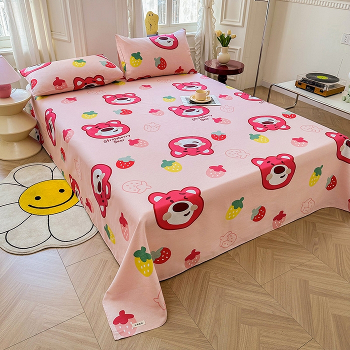 91家纺网 家纺一手货源 找家纺 晓时候 2025新款原棉老粗布床单印花凉席三件套软凉席 草莓熊