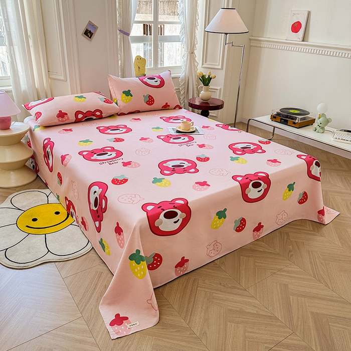 91家纺网 家纺一手货源 找家纺 晓时候 2025新款原棉老粗布床单印花凉席三件套软凉席 草莓熊