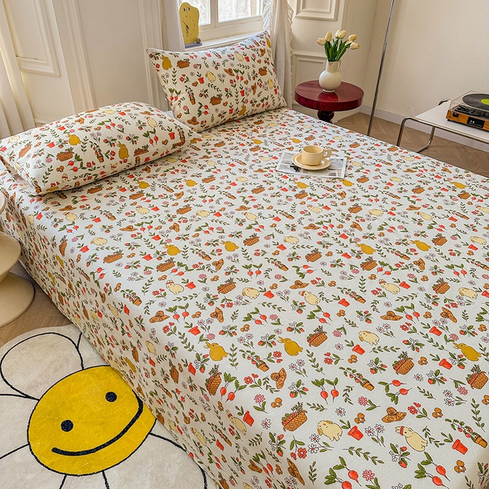 91家纺网 家纺一手货源 找家纺 晓时候 2025新款原棉老粗布床单印花凉席三件套软凉席 花丛兔