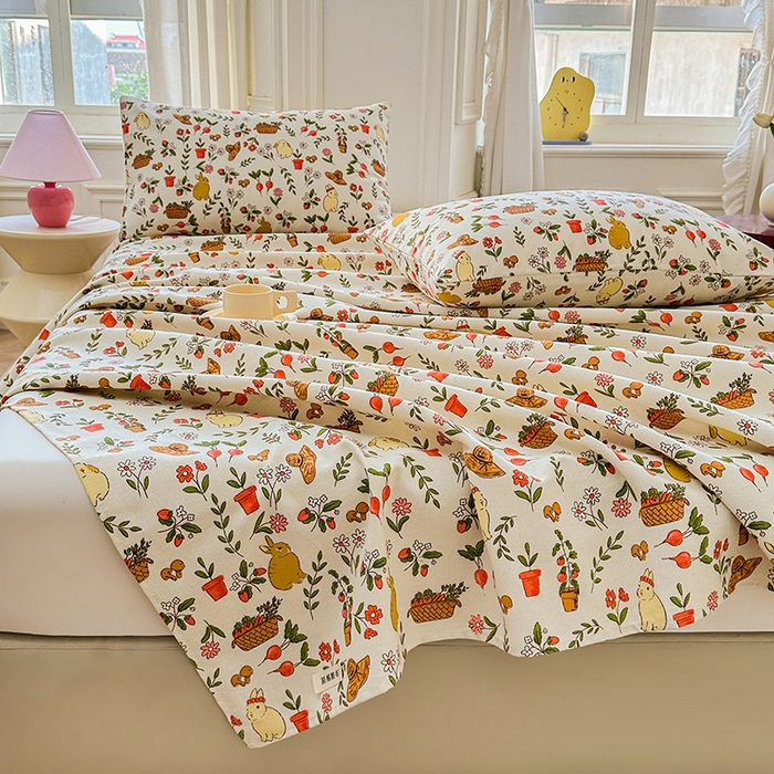 91家纺网 家纺一手货源 找家纺 晓时候 2025新款原棉老粗布床单印花凉席三件套软凉席 花丛兔