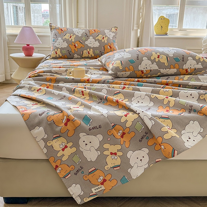 91家纺网 家纺一手货源 找家纺 晓时候 2025新款原棉老粗布床单印花凉席三件套软凉席 动物乐园