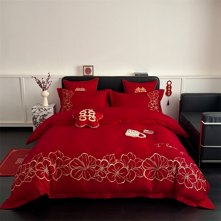 91家纺网 家纺一手货源 找家纺 甜咪咪婚庆  2024新款长绒棉全棉面料刺绣结婚庆四件套多件套小红书推荐热款6.28 甜蜜约定