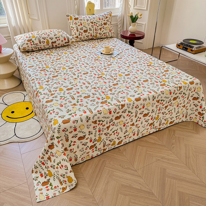 91家纺网 家纺一手货源 找家纺 晓时候 2025新款原棉老粗布床单印花凉席三件套软凉席 花丛兔