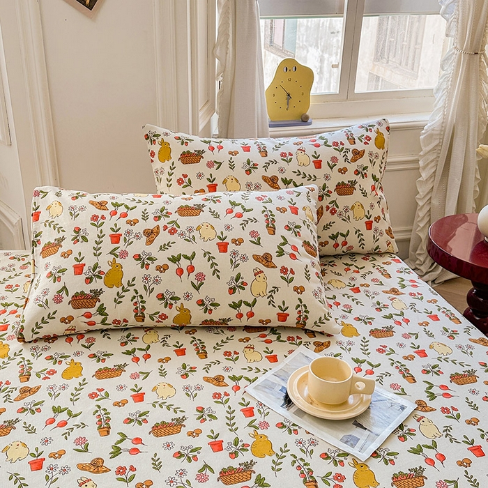 91家纺网 家纺一手货源 找家纺 晓时候 2025新款原棉老粗布床单印花凉席三件套软凉席 花丛兔