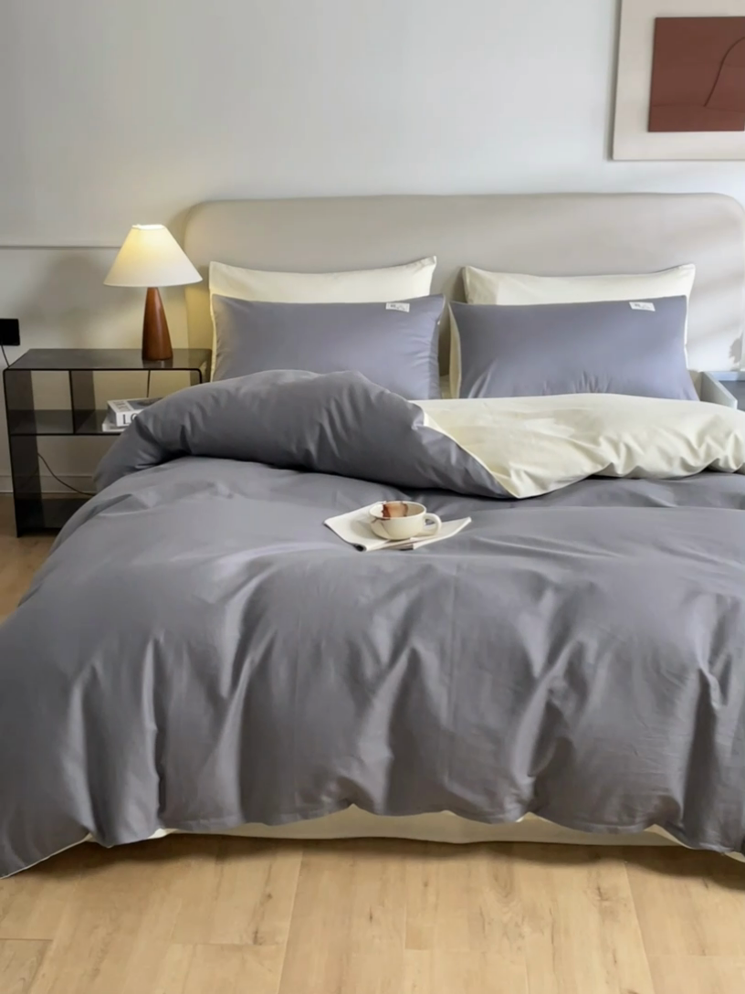 91家纺网 家纺一手货源 找家纺 莱通家纺 2024新款纯色双拼四件套 高级灰+奶昔白