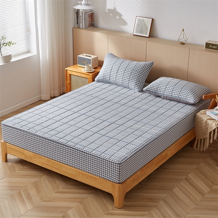 91家纺网 家纺一手货源 找家纺 2025新款A类全棉色织水洗棉大豆夹棉抗菌床笠 蓝小格