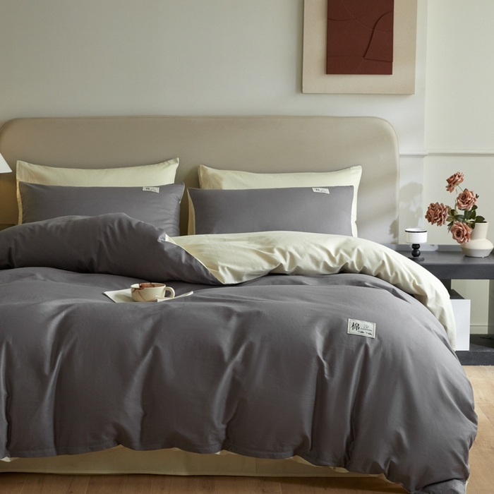 91家纺网 家纺一手货源 找家纺 莱通家纺 2024新款纯色双拼四件套 高级灰+奶昔白